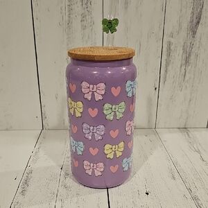 Purple Bow and Heart Decorative Glass Tumbler.